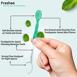Freshee Paste - 5 in 1 Disposable Mini Toothbrush with Soft Bristles & Toothpaste + Floss + Pick + Tongue Scraper | Travel Size | Individually Wrapped | Soft | Light Mint | Travel Set |Oral Care