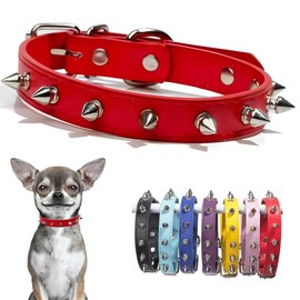 Red Spiked Dog Collar For Medium Dogs PU Leather Rivet Spike Puppy Collar Studded Kitten Cat Collars Adjustable Buckle For Small Medium Breed Pets Like Chihuahua French Bulldog, M