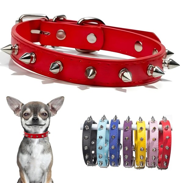 Red Spiked Dog Collar For Medium Dogs PU Leather Rivet