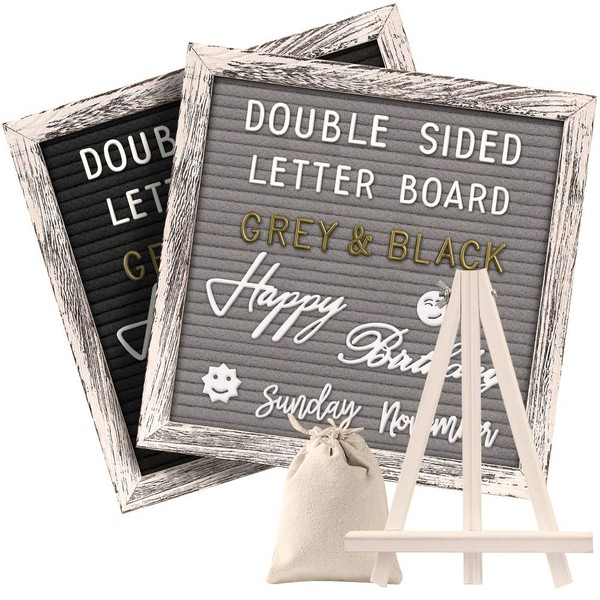 TUKUOS Double Sided Rustic Felt Letter Board with 10x10in Vintage Wood Frame,750 Precut Letters,Months & Days & Script Cursive Words,Farmhouse Message Board Shabby Wall Décor, Black Gray Brown