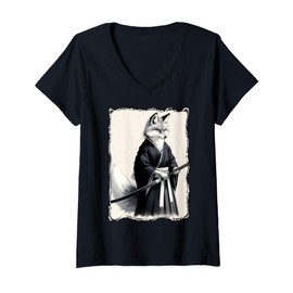 Womens Samurai Kitsune Fox Warrior Japanese Culture Ukiyo-e V-Neck T-Shirt