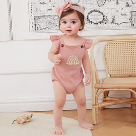 Engofs Boho Rainbow Baby Girl Clothes Newborn Infant Ruffled Sleeveless Romper with Headband Outfit Pink 3-6 Months