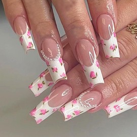 24 Pieces Long Coffin False Nails - French Tip Press on Nails - Elegant 3D Fake Nails with Flower Pearl Design - Reusable Full Cover Glue on Nails for Women Girls in 12 Sizes
