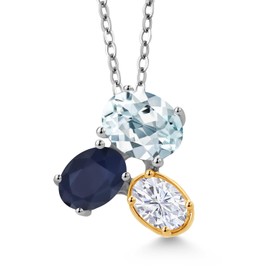 925 Silver and 10K Yellow Gold Sky Blue Aquamarine Blue Sapphire and White Moissanite Pendant Necklace For Women (2.70 Cttw, Oval 8X6MM, 7X5MM and 6X4MM, Gemstone March Birthstone, with 18 Inch Chain)