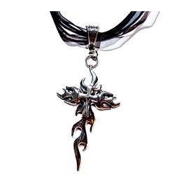 Flaming Cross Necklace - 90s Grunge Inspired Fire & Crux Silver Tone Pendant on 16-18" Black Ribbon Choker