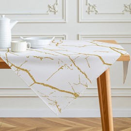 Tablecloth White and Gold Middle Runner Modern Tablecloths with Marble Texture Abstract Linen Table Decoration for Indoor Kitchen Winter Spring Holidays Party Decor 85 x 85 cm