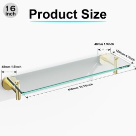 KOCOK Glass Shelves for Bathroom,16-Inch Brushed Gold Floating Bathroom Shelf Stainless Steel Tempered Glass Shelf Modern Shelves Wall Mounted
