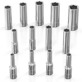 Olsa Tools SAE Deep Socket Set - 1/4-Inch Drive, 13pc - 6-Point Chrome Sockets from 1/8" to 5/8" and No Skipped Sizes - Mechanic Deep SAE Socket Set - Professional Grade Long Sockets - Part: 1329