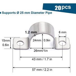 2 Hole Conduit Clips 304 Stainless Steel Pipe Clip Heavy Duty Pipe Clamp U Shaped Brackets for Water Pipes, Gas Pipes Cable Fixing 20 Pcs Ø 25 mm