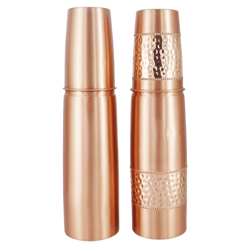 Set of 2 Copper Water Bottles With Copper Tumblers For