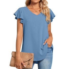 TAOHUADAO - playera casual de verano para mujer, con cuello en V, para leggings, blusas holgadas y cómodas, 1-volante-azul, XX-Large