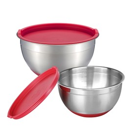 MARSKITOP Stainless Steel Mixing Bowls with Lids Set, Nesting Mixing Bowls with Airtight Lids, Measurement Marks and Red Non-Slip Bottoms, Great for Mixing and Serving, Size 5, 3, 2, 1.5QT