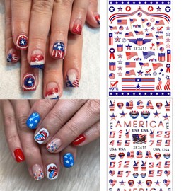 8 Sheets 4th of July Nail Art Stickers Red Blue White 3D Self-Adhesive Nail Decals American Flag Designs Nail Decoration Independence Day Nail Stickers Holiday DIY Nail Accessories for Women