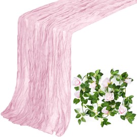 Camino de mesa de gasa de 10 pies para boda, camino de mesa de poliéster, camino de mesa rústico, decoración de fiesta de novia, decoración de mesa de boda, camino de mesa + 1 pieza de vid rosa para