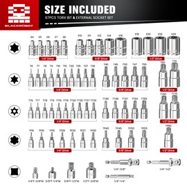 BLACKROBOT 67-Piece Master Torx Bit Socket and E-Torx Socket Set, 1/4” 3/8” 1/2” Drive(E4-E24, T6-T70,TT6-TT70,TP8-TP60), Includes Socket Adapters and Drill Bit Adapters, S2 and Cr-V Steel