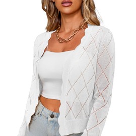 CARDYDONY Women's Long Sleeve Cropped Cardigan Sweaters Open Front Hollow Out Shrugs White XL