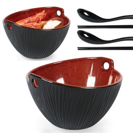 STE-CER Ceramic Ramen Bowl with Chopsticks,6.7 Inch Noodle Bowls,Pho Bowls and Spoons Set,Japanese Bowl for Pho,Udon,Soba,Noodle,Microwave Safe,Set of 2 (Retro White)