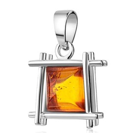 MATERIA by Matthias Wagner Square Amber Pendant 925 Silver for Women with Chain KA-50, 925 sterling silver, rhodium-plated, tarnish-proof, genuine Baltic amber in cabochon cut, Amber, amber jewellery