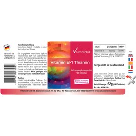 Vitamin B1 (Thiamine) 100 mg - High Dose - 180 Vegan Tablets - For 6 Months