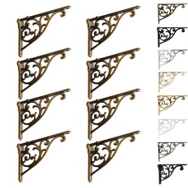 Khtumeware 8 Pack Antique Brass Shelf Bracket 8 Inch, Decorative Brackets for Shelving, Heavy Duty Vintage Ornate Shelf Bracket, Hardware Included,7.87x5.5x1.73 Inch