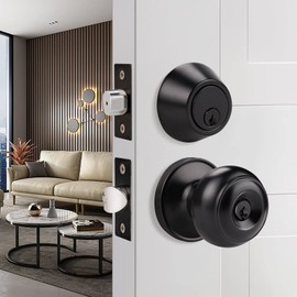 Probrico Entry Door Knob with Single Cylinder Deadbolt, Keyed Alike Black Knobsets, Exterior Front Door Locks with Knob and Dedbolt, 6 Sets