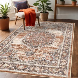 YOUFORTONG Area Rug 3x5 for Living Room: Soft Ultra Thin Low Pile Mat Machine Washable Indoor Doormat Lightweight Entry Rug Anti Slip Backing Rugs for Bedroom Kitchen 3'x5' Brick