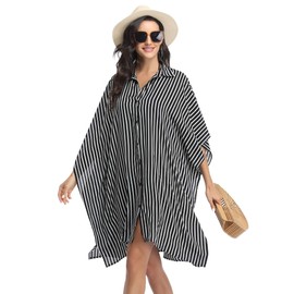 Ekouaer Swim Cover Up for Women Swimsuit Coverups Bikini Beach Cover Up Pool Beachwear Swimwear,XX-Large Black Stripe