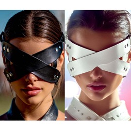 Hermoli Leather Goth Eye Mask, Black Punk Cosplay Costume Accessory, with adjustable buckle (Black White)