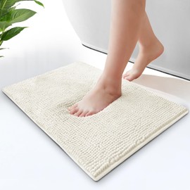 Moonlight Bedding Bath Mat Non Slip Anti Mould - Chenille Shower Mat White 40 x 60 cm Super Absorbent Bathroom Mat Machine Washable Extra Soft Fluffy Bathmat