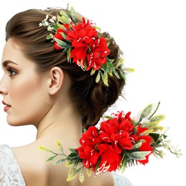 CURASA Artificial Flower Hair Side Combs Green Leaf Red Headpiece Metal Clips With Teeth Floral Decorative Hair Accessories Elegant French Twist Comb For Wedding Bridal Party Prom Brides Bridesmaids
