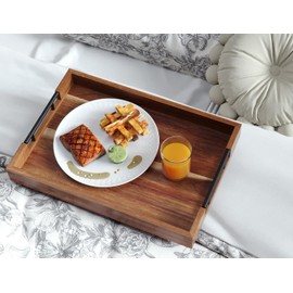 Fibogollo Acacia Wood Serving Tray with Metal Handles,17x12in Ottoman Decorative Trays Platter for Coffee Table,Living Room,Bar,Party(Large)