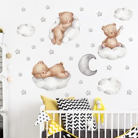 duoyif Wall Sticker Teddy Bear on the Cloud Wall Sticker Teddy Bear with Clouds Stars Moon Wall Sticker Children's Room Wall Sticker Baby Room Playroom Wall Decoration
