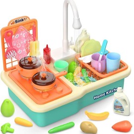 CUTE STONE Play Sink with Running Water, Kitchen Sink with Upgraded Electric Faucet, Play Kitchen , Realistic Learning Cookingset fathersdaygift:_Orange