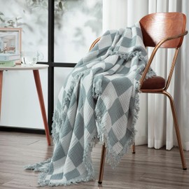 Chezmoi Collection Kendall Checkered Cotton Muslin Throw Blanket 50" W x 60" L, Knit Woven Gauze Blanket with Frayed Tassels for Bed Couch Travel Lightweight Breathable Cozy Throw, Gray/White