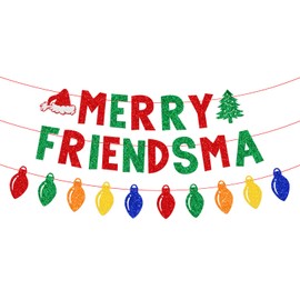 Pre-Strung Merry Friendsmas Banner Glitter Merry Christmas Friendsmas Banner for Home Office Christmas Party Decorations Friends Themed Xmas Holiday Decor