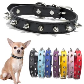 Spiked Dog Collar for Small Dogs PU Leather Spike Puppy Collar Anti Bite Rivet Studded Cat Collar for Kittens Extra Small Medium Pets Like Chihuahua Pug Pit Bull Bulldog, Black S