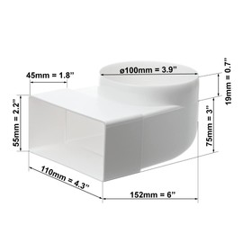 Diameter 100 mm - 110 mm x 55 mm deflection piece 90° round square flat duct exhaust air duct ventilation pipe pipe / duct connector