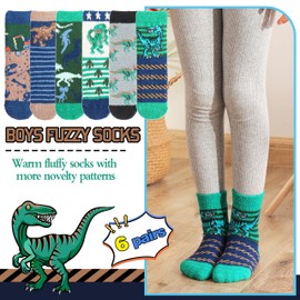 Welwoos Kids Boys Toddlers Fuzzy Slipper Socks with Grips Non Slip Winter Thick Warm Fluffy Fun Crew Cozy Hospital Gripper Christmas Gifts Stocking Stuffers Socks 6 Pairs (Dinosaur,1-3 Years)