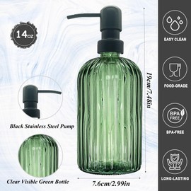 Green Glass Soap Dispenser with Black Rust Proof Stainless Steel Pump, 13.5Oz Bathroom Clear Liquid Lotion Bottles Refillable Dish Dispensers with Vertical Stripe, Hand Dish Dispenser for Kitchen