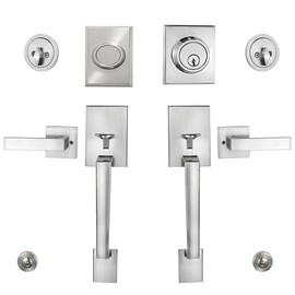Virego Double Door Handle Set, Satin Nickel Double Front Door Handle Sets with Dummy, Modern Heavy Duty Square Door Lever and Single Cylinder Deadbolt Combo for Exterior and Interior Doors, SN-DL-1