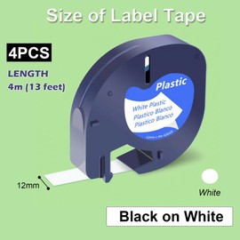 SHUBEIEUMI 4x Etikettenband kompatibel mit Dymo Letratag Etikettenband 12mm x 4m, Kompatible für Dymo LetraTag Kunststoff Schriftband, für Letratag LT-100H LT-100T 200B XR, Schwarz auf Weiß