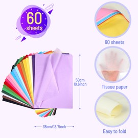 ihaspoko 60 Sheets of Multicoloured Tissue Paper, 50 x 35 cm, Gift Wrapping Paper for Crafts and Gift Wrapping, Decorative
