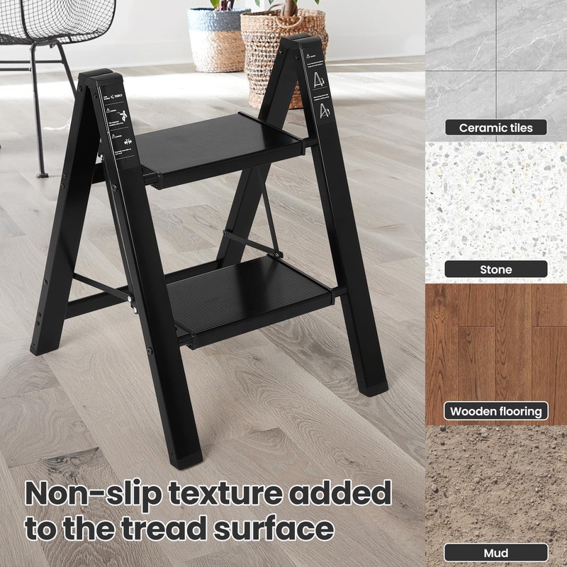 FAHKNS Black 2 Step Ladder, Aluminum Light Folding 2 Step