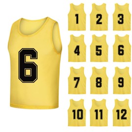 SHIJIXING 12 Pack（1-12） Numbered Pinnies/Soccer Training Bibs/Basketball Jerseys for Kids,Youth and Adults (XL, 1-12 Yellow)