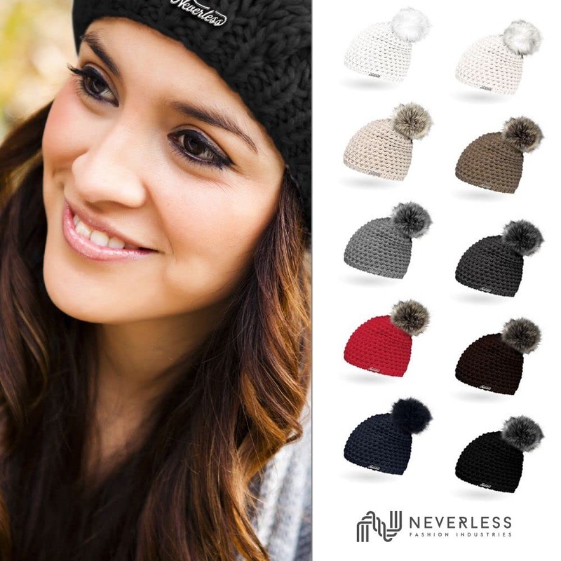 Ladies Faux Fur Knitted Hat with Fur Bobble and Fleece