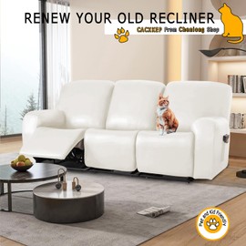 CACXKEP Cream Reclining Couch Covers Loveseat Recliner Chair Slip Covers Leather Waterproof Stretch Recliner Sofa Covers Recliner Slipcovers,White,3seat