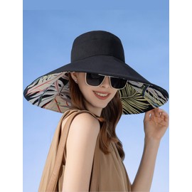 FEOYA Women's Sun Hat for Summer Wired Edge Floral Prints Lady Hats Visor Hats Beach Hats with Ponytail Hole Black