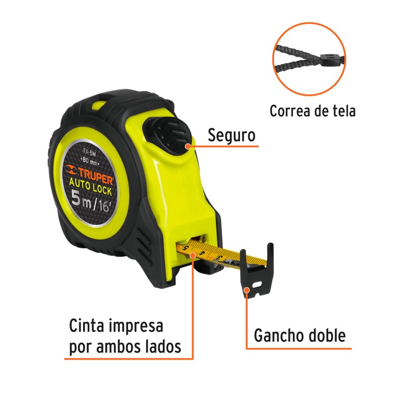 Truper FA-5M, Flexómetro Auto-Lock contra impactos 5 m cinta 19