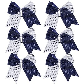 8 Inch 2 Color Cheer Bows Cheerleader Ponytail Holder with Bling Fling Sequin Hair Tie Cheerleading Bows 6 Pcs (Navy Blue/Silver)