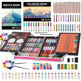 KINSPORY Art Supplies, paquete de 139 kit de arte de dibujo de pintura con 2 almohadillas para orejas de boceto, juego de arte de doble capa de lujo, lápices de colores, pasteles al óleo, pinturas de